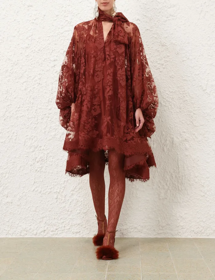 Women Zimmermann Dresses Illustration Lace Mini Dress Chestnut