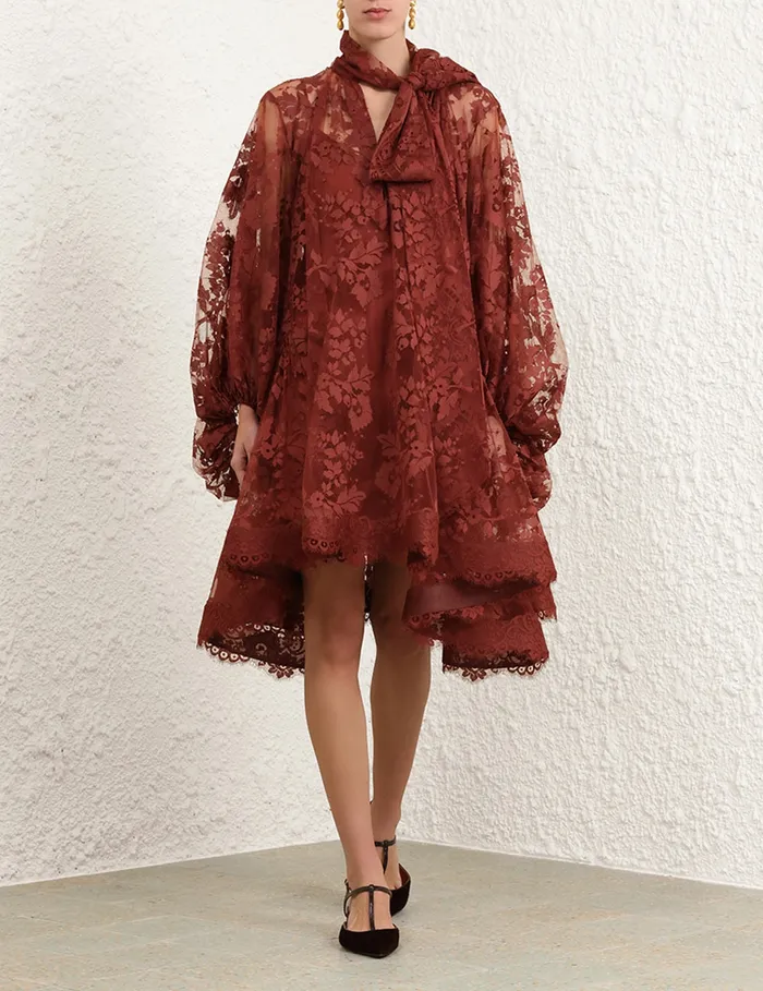 Women Zimmermann Dresses Illustration Lace Mini Dress Chestnut