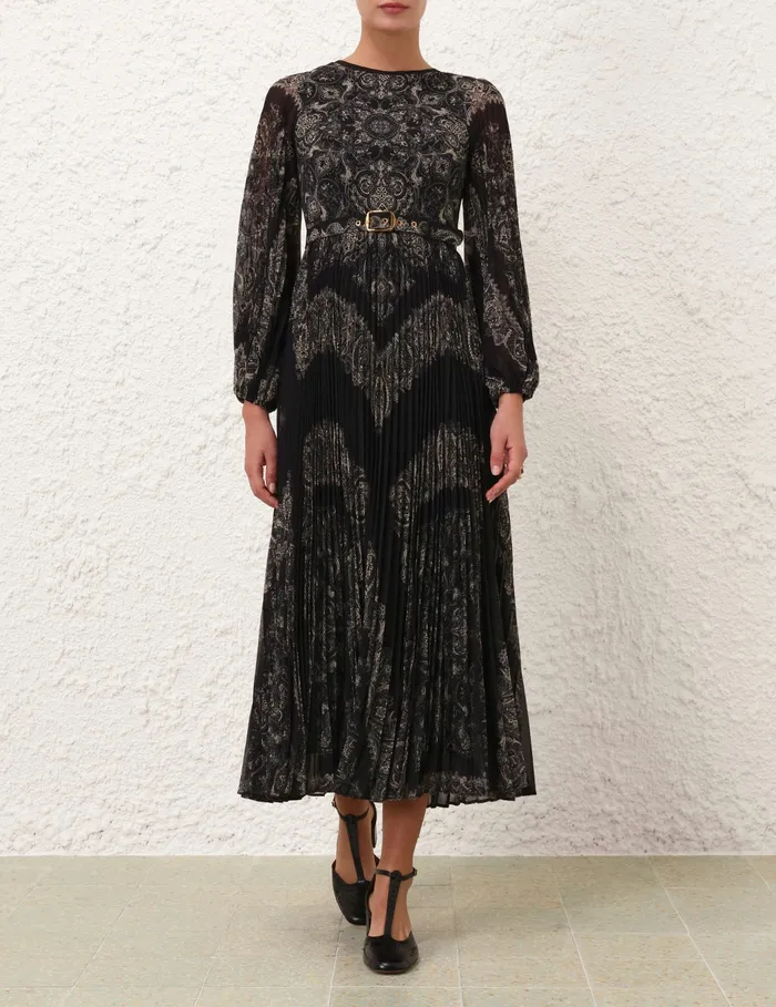 Women Zimmermann Dresses Sunray Long Sleeve Midi Dress Black Paisley