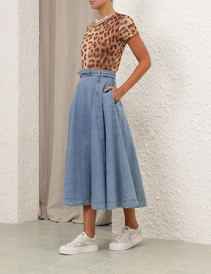 Women Zimmermann Skirts Crush Denim Full Midi Skirt Blue Moon
