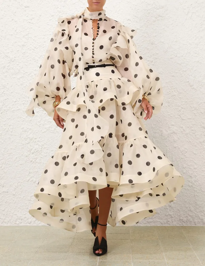 Women Zimmermann Skirts Crush HighLow Tiered Skirt Creamblack Dot