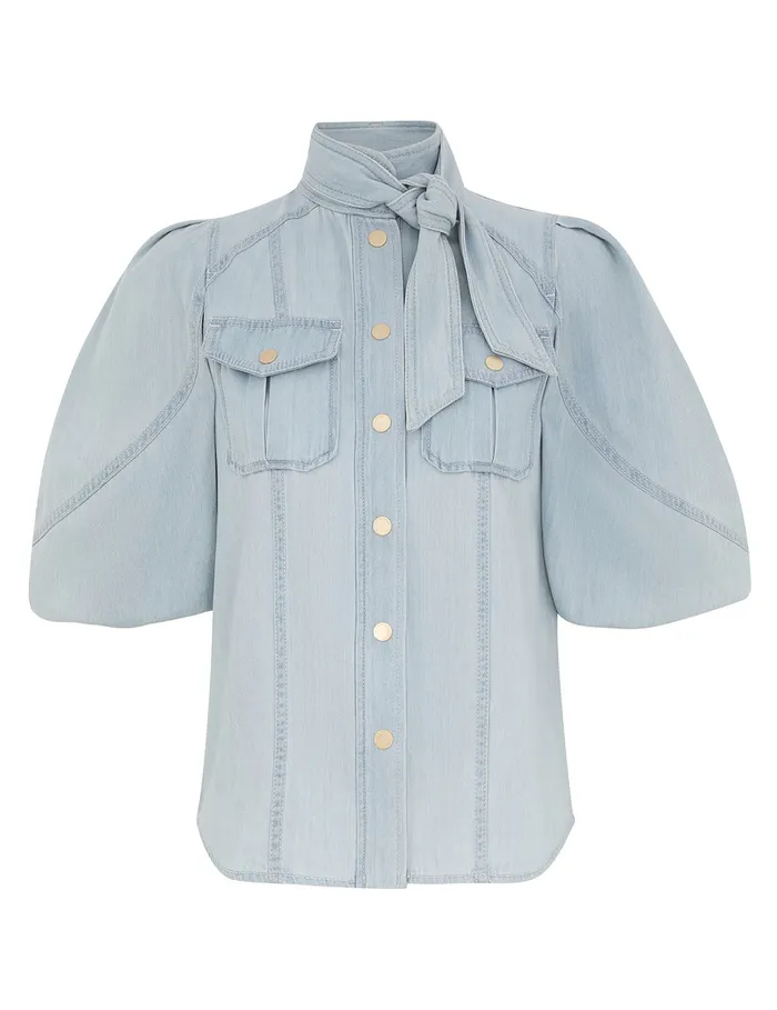 Women Zimmermann Tops Acacia Denim Lantern Blouse Ice Storm