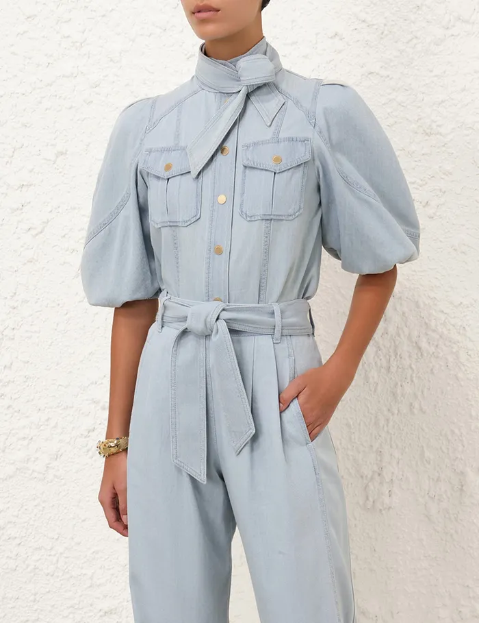 Women Zimmermann Tops Acacia Denim Lantern Blouse Ice Storm