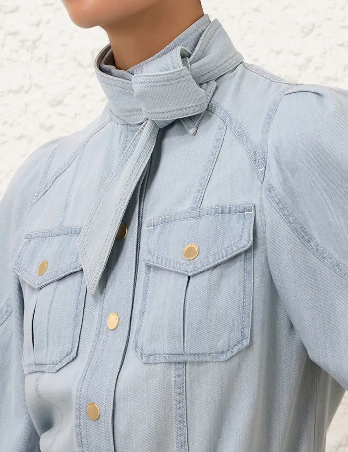 Women Zimmermann Tops Acacia Denim Lantern Blouse Ice Storm