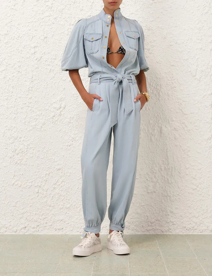 Women Zimmermann Tops Acacia Denim Lantern Blouse Ice Storm
