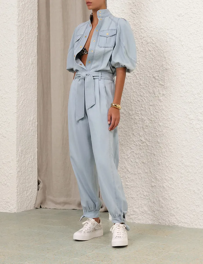 Women Zimmermann Tops Acacia Denim Lantern Blouse Ice Storm