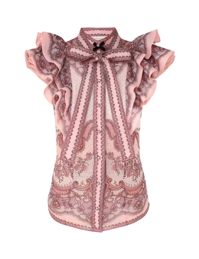 Women Zimmermann Tops Crush Frilled Fitted Blouse Pink Lace Print