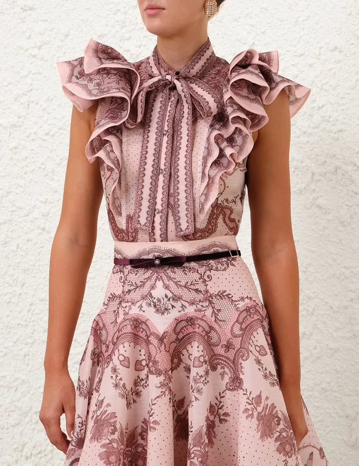 Women Zimmermann Tops Crush Frilled Fitted Blouse Pink Lace Print