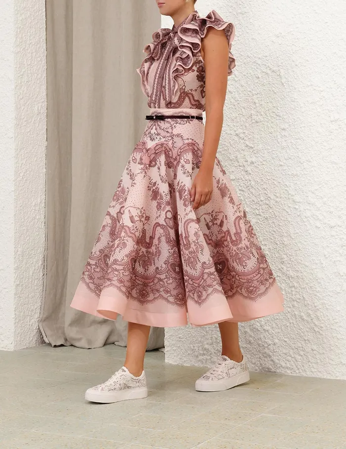 Women Zimmermann Tops Crush Frilled Fitted Blouse Pink Lace Print