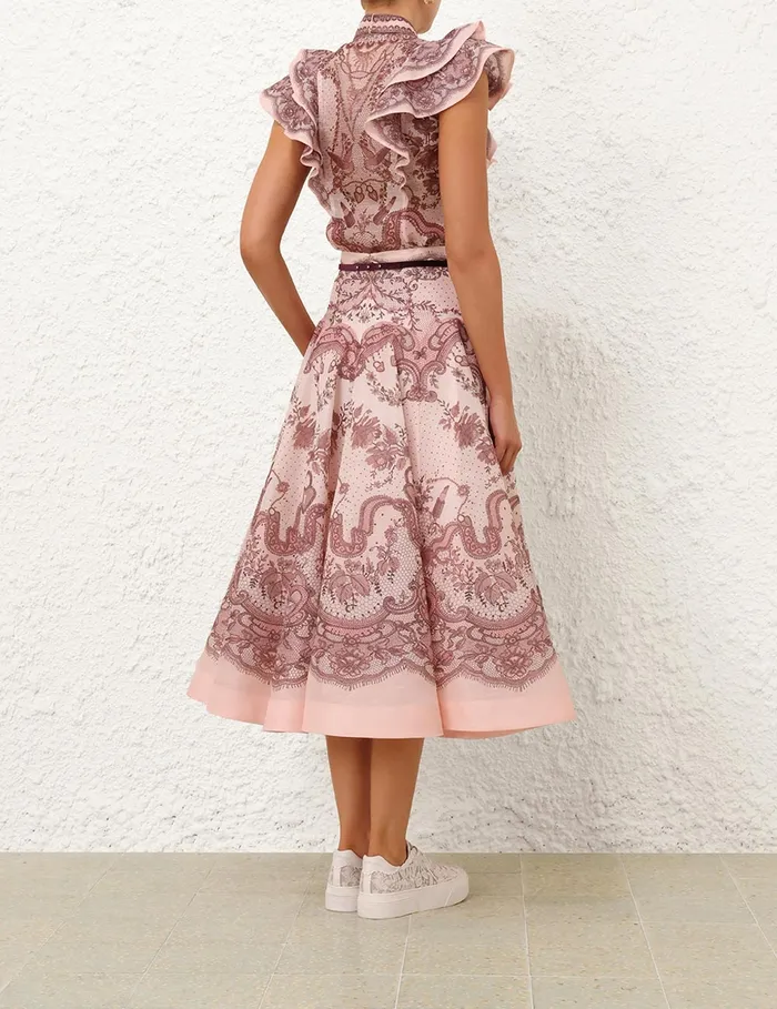Women Zimmermann Tops Crush Frilled Fitted Blouse Pink Lace Print