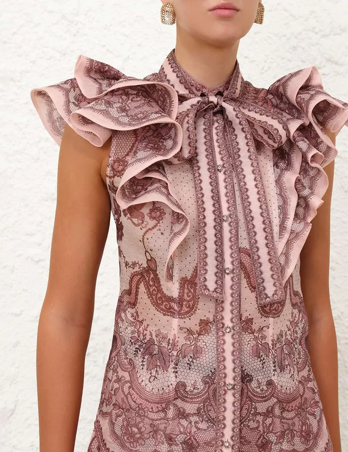 Women Zimmermann Tops Crush Frilled Fitted Blouse Pink Lace Print