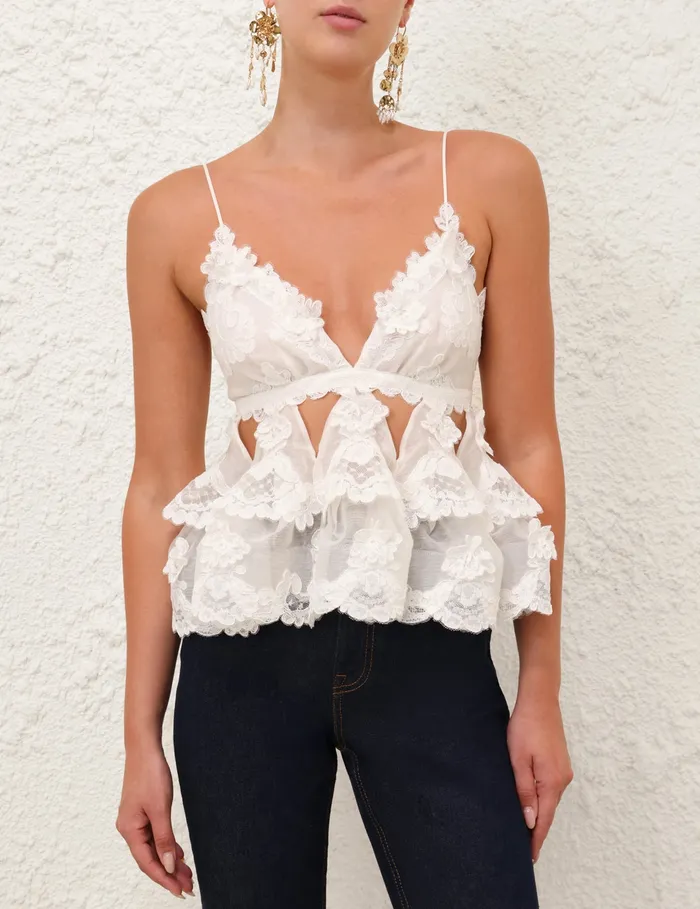 Women Zimmermann Tops Crush Lace Motif Tiered Top Ivory