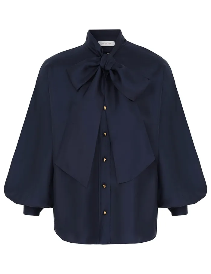 Women Zimmermann Tops Eden Tie Neck Blouse Marine
