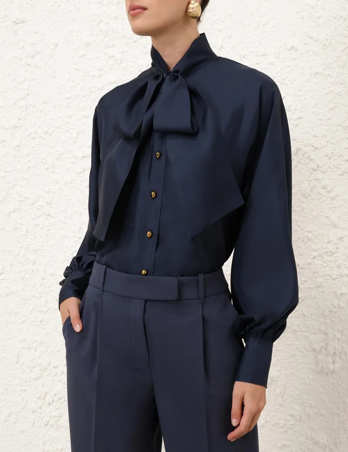 Women Zimmermann Tops Eden Tie Neck Blouse Marine