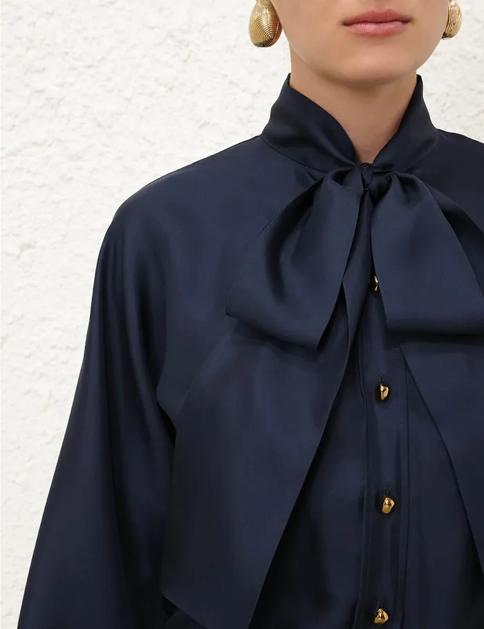 Women Zimmermann Tops Eden Tie Neck Blouse Marine