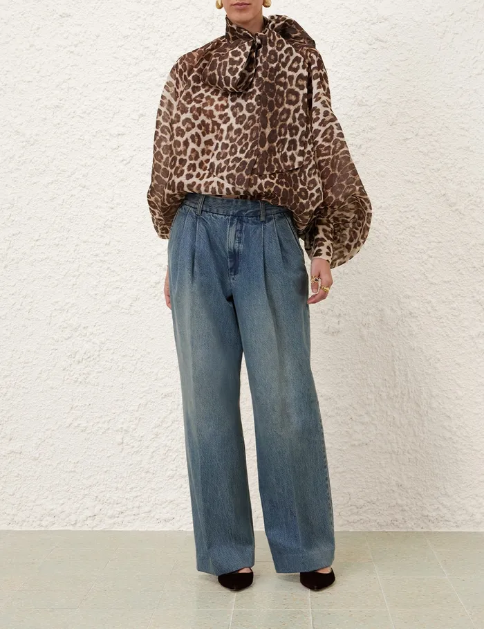 Women Zimmermann Tops Illustration Billow Blouse Chocolate Leopard