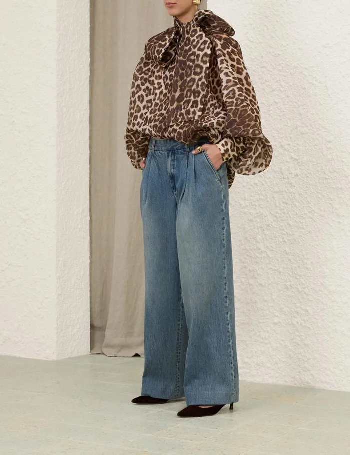 Women Zimmermann Tops Illustration Billow Blouse Chocolate Leopard