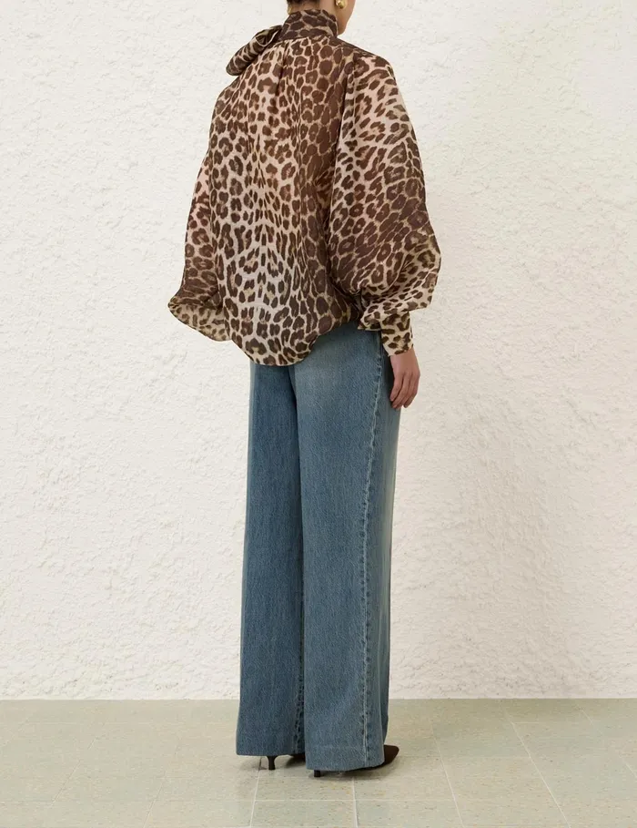 Women Zimmermann Tops Illustration Billow Blouse Chocolate Leopard