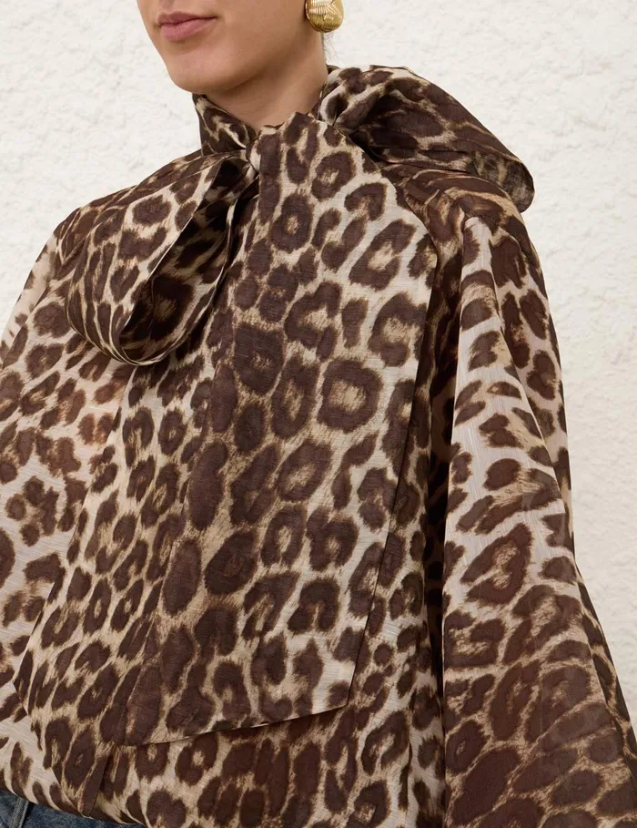 Women Zimmermann Tops Illustration Billow Blouse Chocolate Leopard