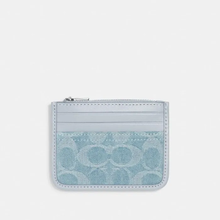 Women Zip Card Case In Signature Denim Silverpale Blue Coach Card Cases
