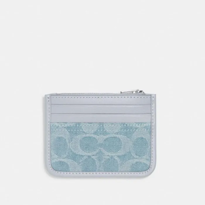 Women Zip Card Case In Signature Denim Silverpale Blue Coach Card Cases