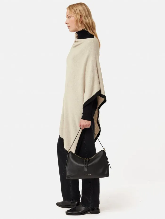 Wool Cashmere Blend Border Poncho Cream Women Jigsaw Ponchos and Scarves