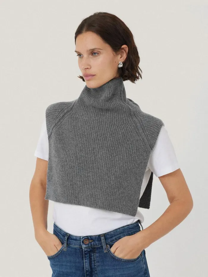 Wool Cashmere Roll Neck Bib Grey Women Jigsaw Ponchos and Scarves
