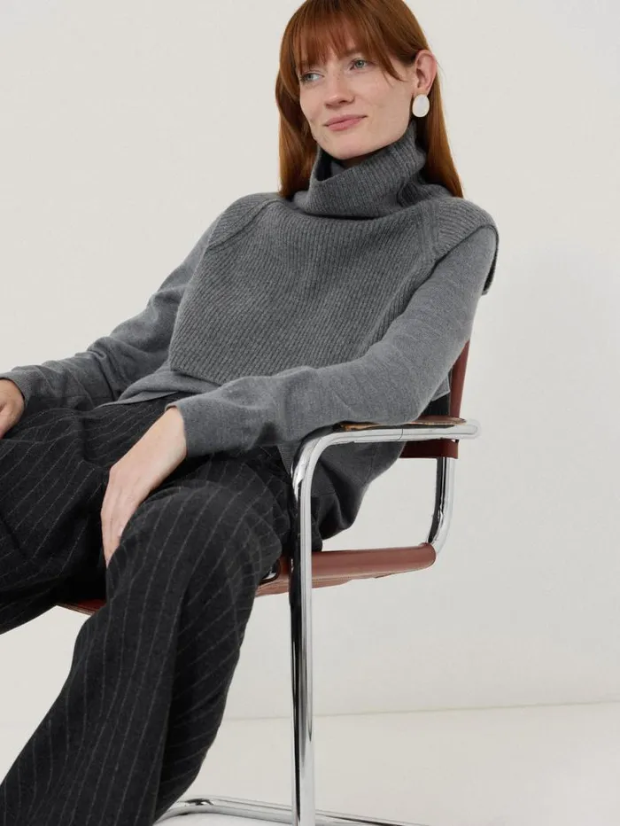 Wool Cashmere Roll Neck Bib Grey Women Jigsaw Shirts and Tops
