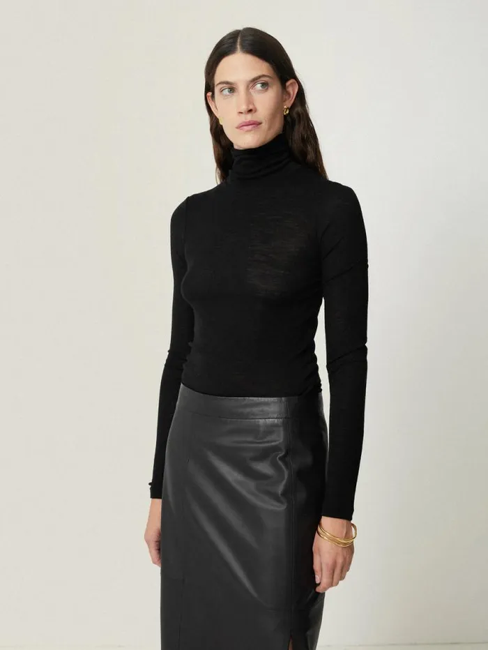 Wool Jersey Polo Neck Top Black Women Jigsaw Shirts and Tops
