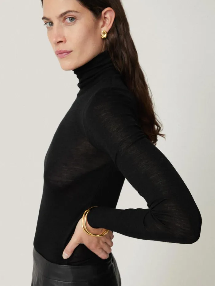 Wool Jersey Polo Neck Top Black Women Jigsaw Shirts and Tops