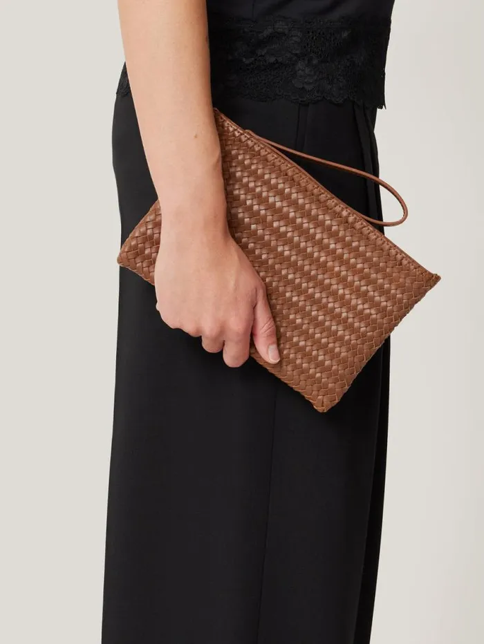 Woven Leather Pouch Tan Women Jigsaw Bags