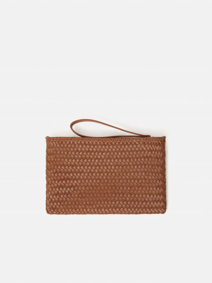 Woven Leather Pouch Tan Women Jigsaw Bags