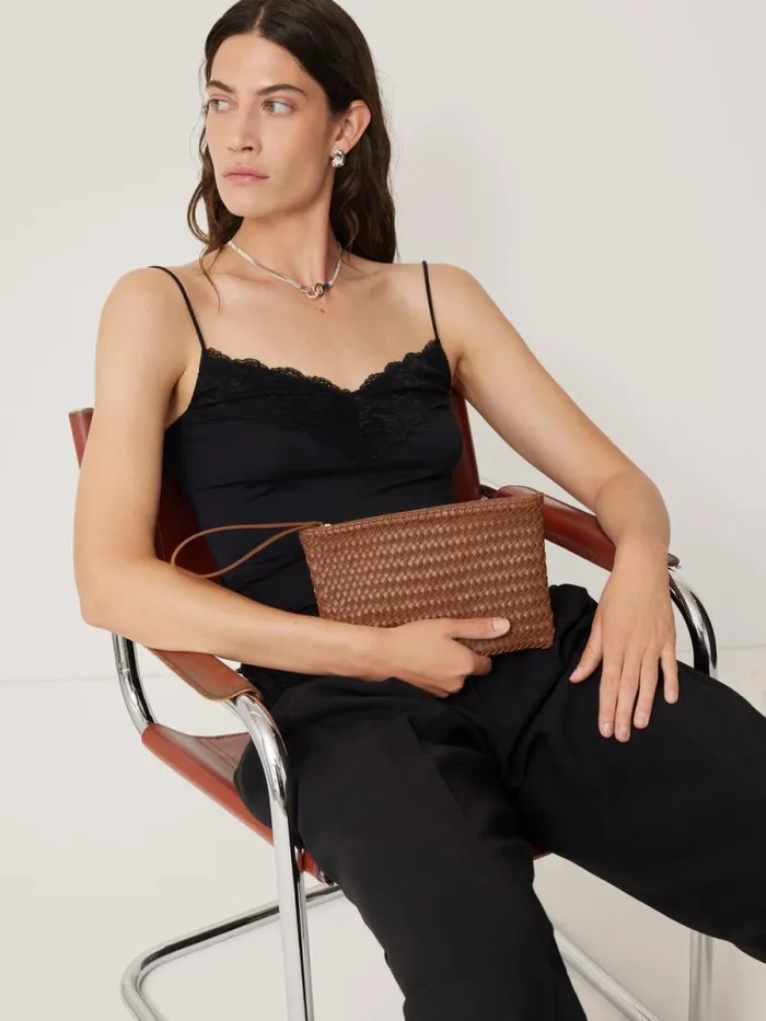 Woven Leather Pouch Tan Women Jigsaw Bags