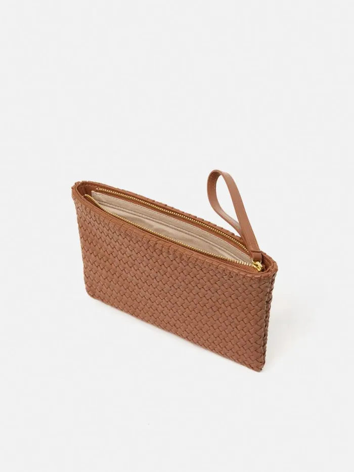 Woven Leather Pouch Tan Women Jigsaw Bags