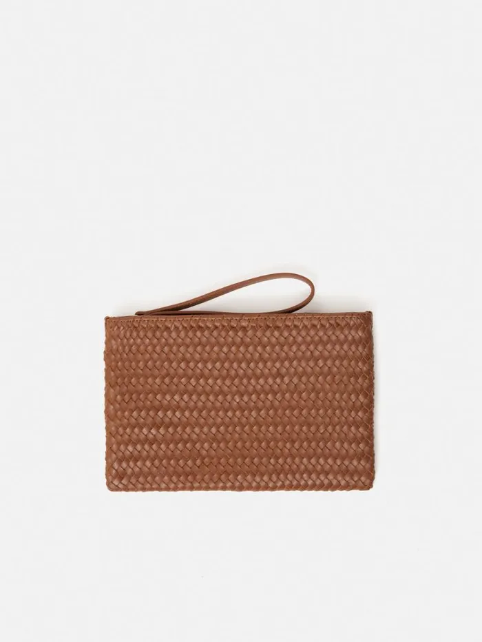 Woven Leather Pouch Tan Women Jigsaw Bags