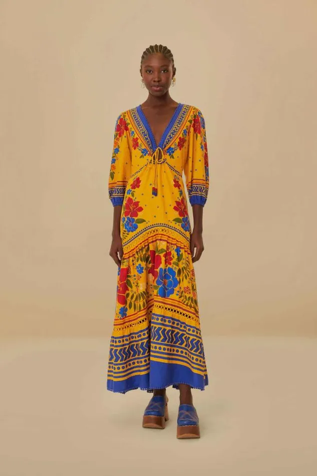 Yellow Floral Yard Lenzing Ecovero Euroflax Maxi Dress Women FARM Rio Maxi Dresses