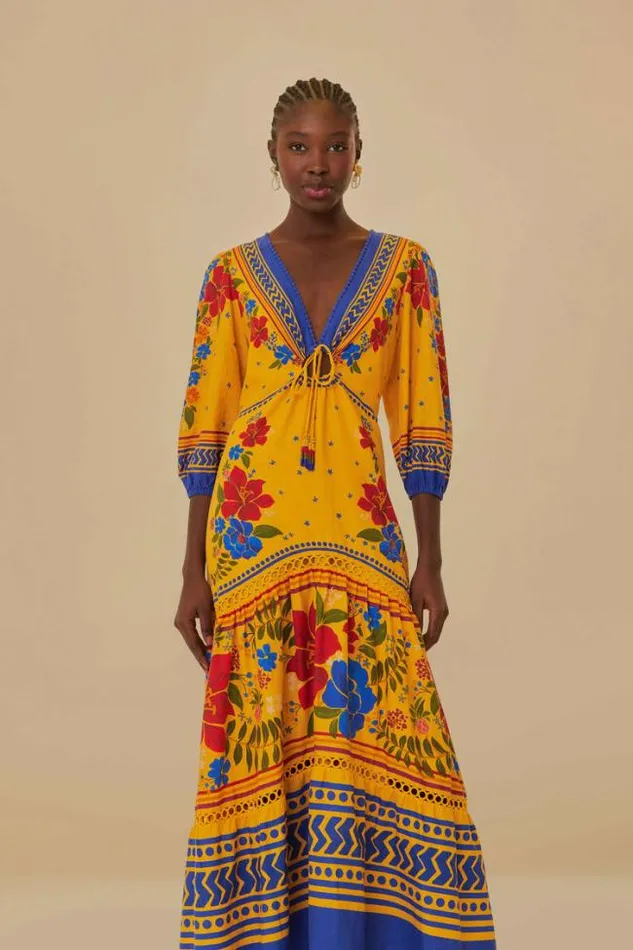 Yellow Floral Yard Lenzing Ecovero Euroflax Maxi Dress Women FARM Rio Maxi Dresses