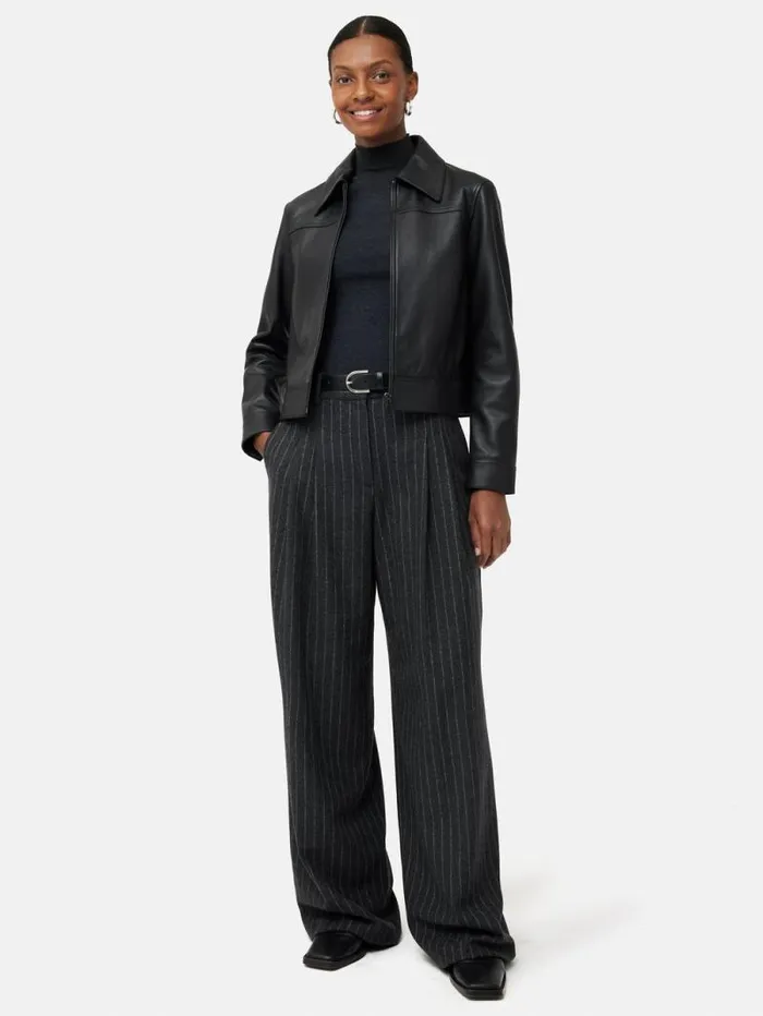Zip Front Leather Biker Jacket Black Women Jigsaw Coats and Jackets