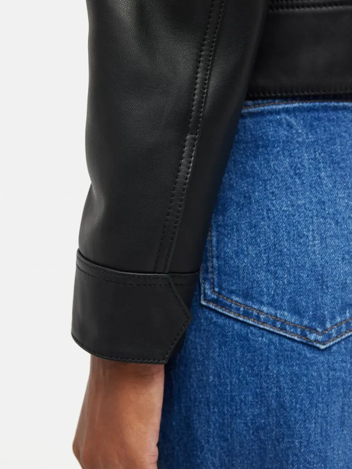 Zip Front Leather Biker Jacket Black Women Jigsaw Coats and Jackets